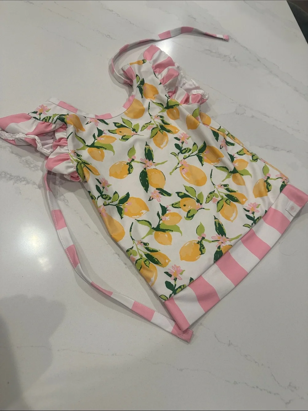 Sweethoney Lemon, white, pink striped bathing suit top girls size 5 TOP ONLY